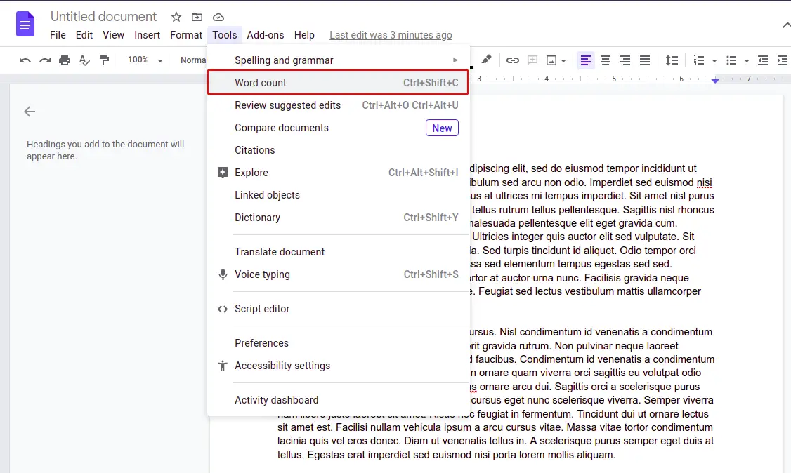 how to see how many words you typed on google docs