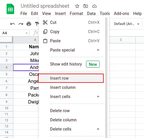 Steps to insert 1 row in Google Sheets
