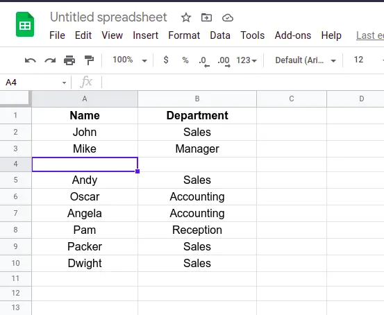 Steps to insert 1 row in Google Sheets