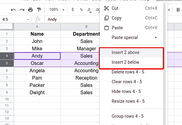 Steps to insert multiple rows in Google sheets