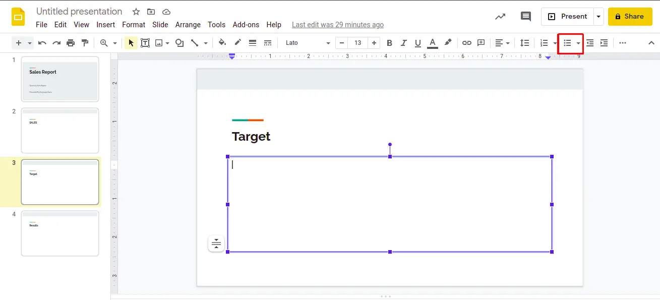 How to add bullet points in Google Slides