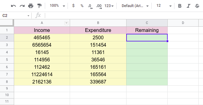 steps to subtract in google sheets