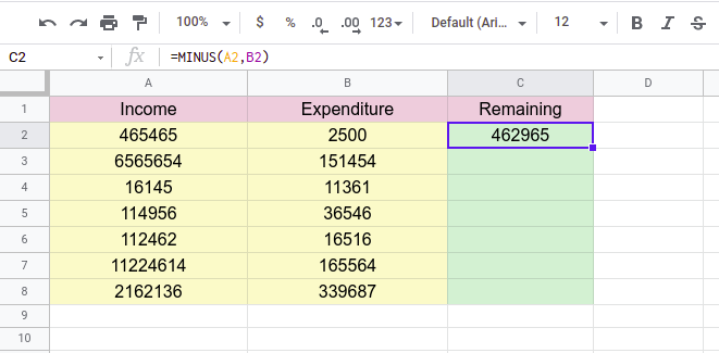 how to subtract in google sheets