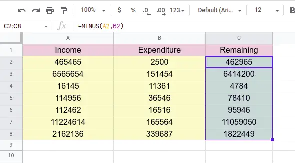 how to subtract in google sheets