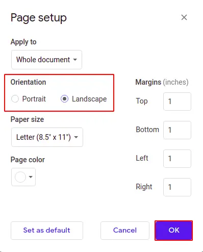 How to change orientation to landscape in Google Docs