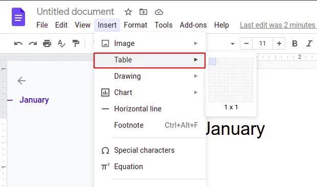 Steps  to Create a Calendar in Google Docs