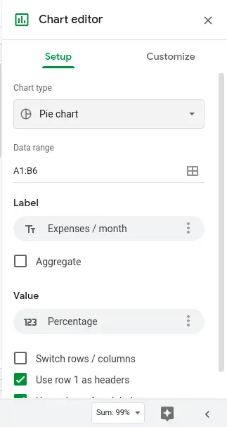 Steps to make a pie chart in Google Sheets